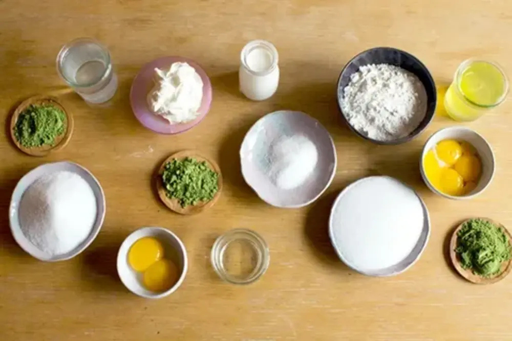 Ingredients for Green Tea Mousse (Matcha, Cream, Gelatin, etc.)